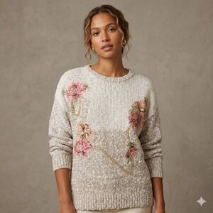 VTG Separate Issue Sweater 20 Beige Floral Applique Pearl Knit Grandma Romantic